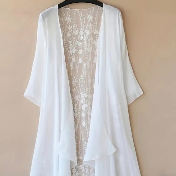 EMBROIDERED Lace White Boho Kimono Coverup OX/12 NEW - Picture 1 of 3